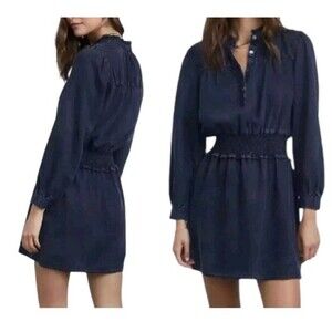 Rails NWT Shawna Dark Vintage Smocked Waist Long Sleeve Denim Dress Size SMALL